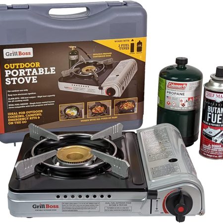 Grill Boss Dual Fuel Portable Stove, 12K BTU Camp Stove, Butane & Propane Portable Camping Stove, Portable Stove Dual Fuel Butane and Propane Stove for Emergency, Cooking, Hiking, Backpacking -90057