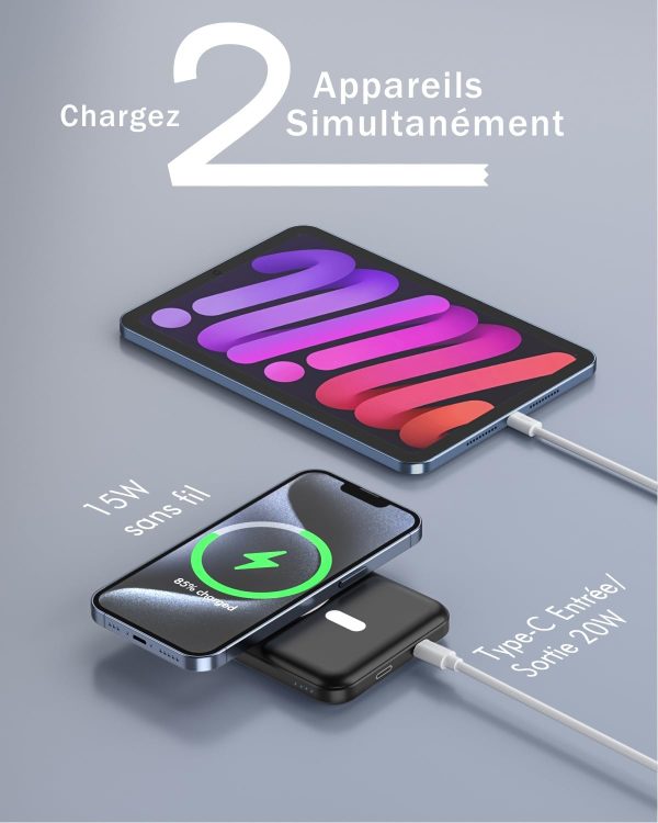 podoru for Magsafe Battery Pack, 5000mAh Magnetic Power Bank with Type-C Cable 20W PD Fast Charging Lighting Input Wireless Portable Charger for iPhone 16/15/14/13/12/ All Series-Black - Image 2